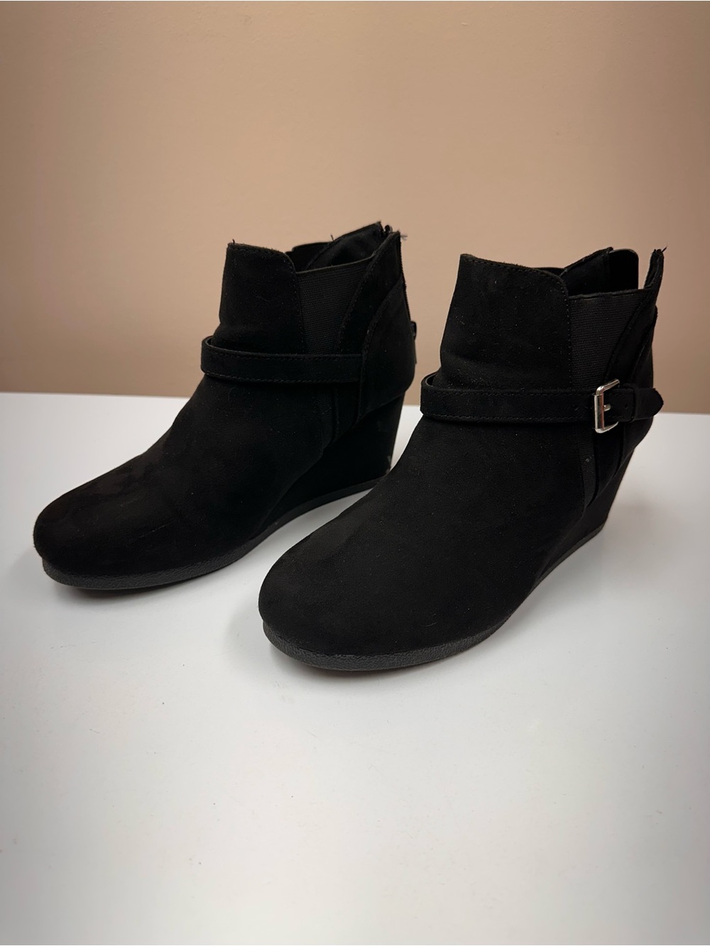 Girls' Black Suede Wedge Ankle Boots with Side Buckle
